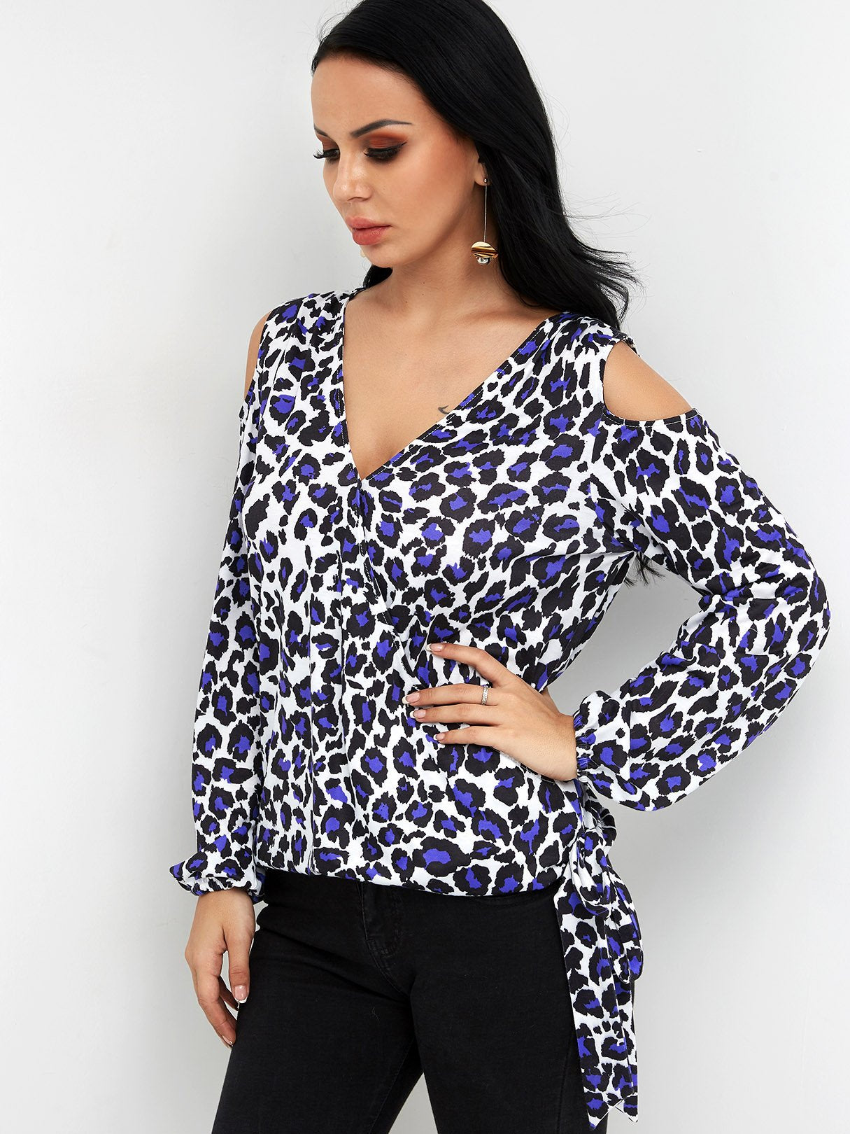 V-Neck Cold Shoulder Leopard Crossed Front Self-Tie Long Sleeve Top