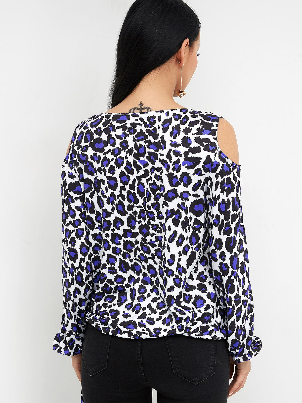 V-Neck Cold Shoulder Leopard Crossed Front Self-Tie Long Sleeve Top